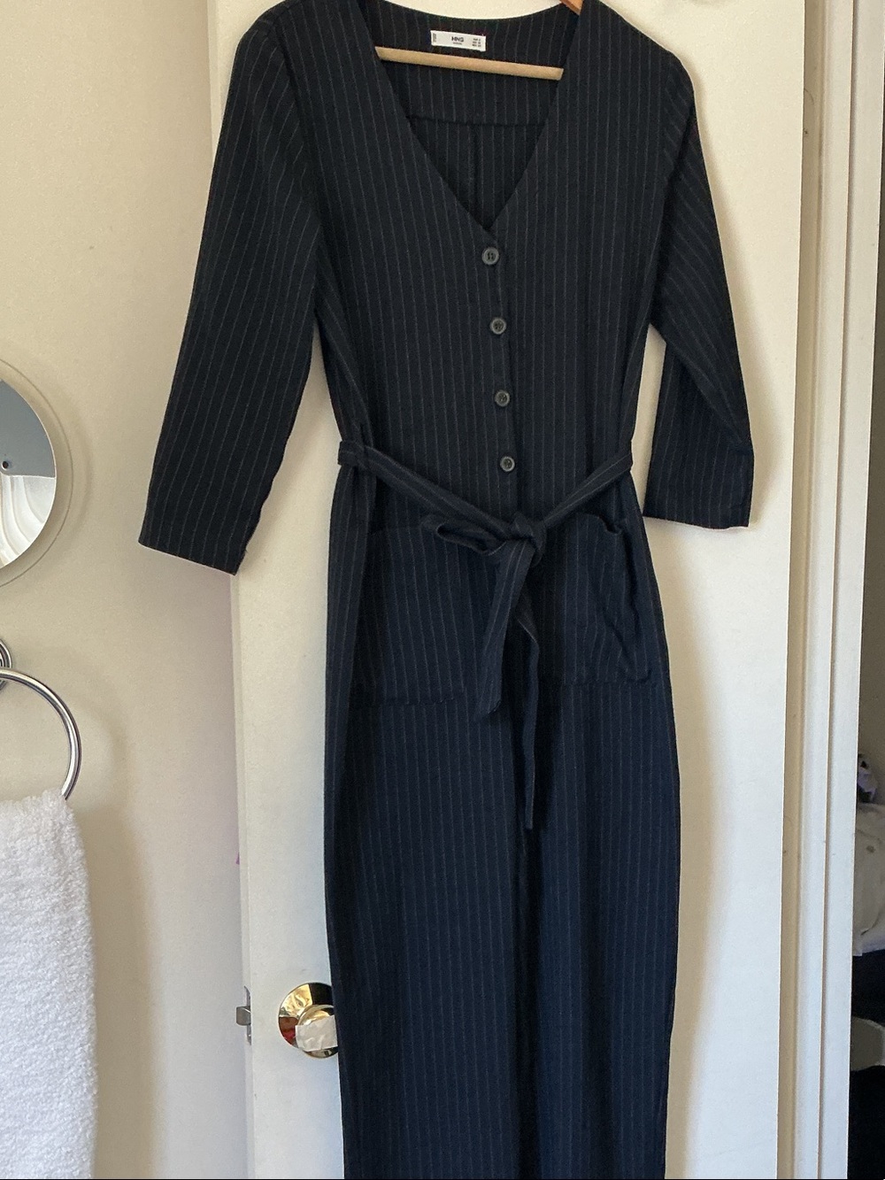 MNG Pinstripe Black Tie-Waist Jumpsuit